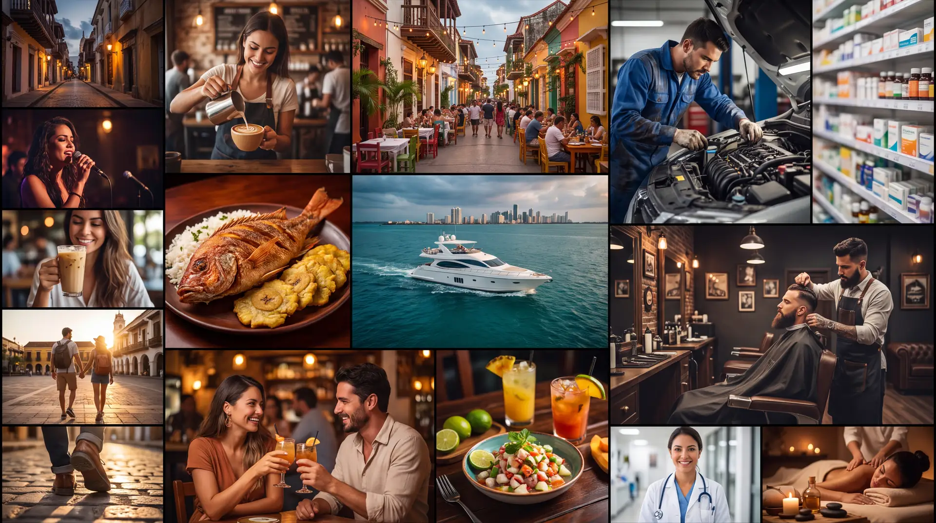 Comercios y servicios de Cartagena: restaurantes, cafés, barberías, talleres, spas, droguerías y paseos en lancha